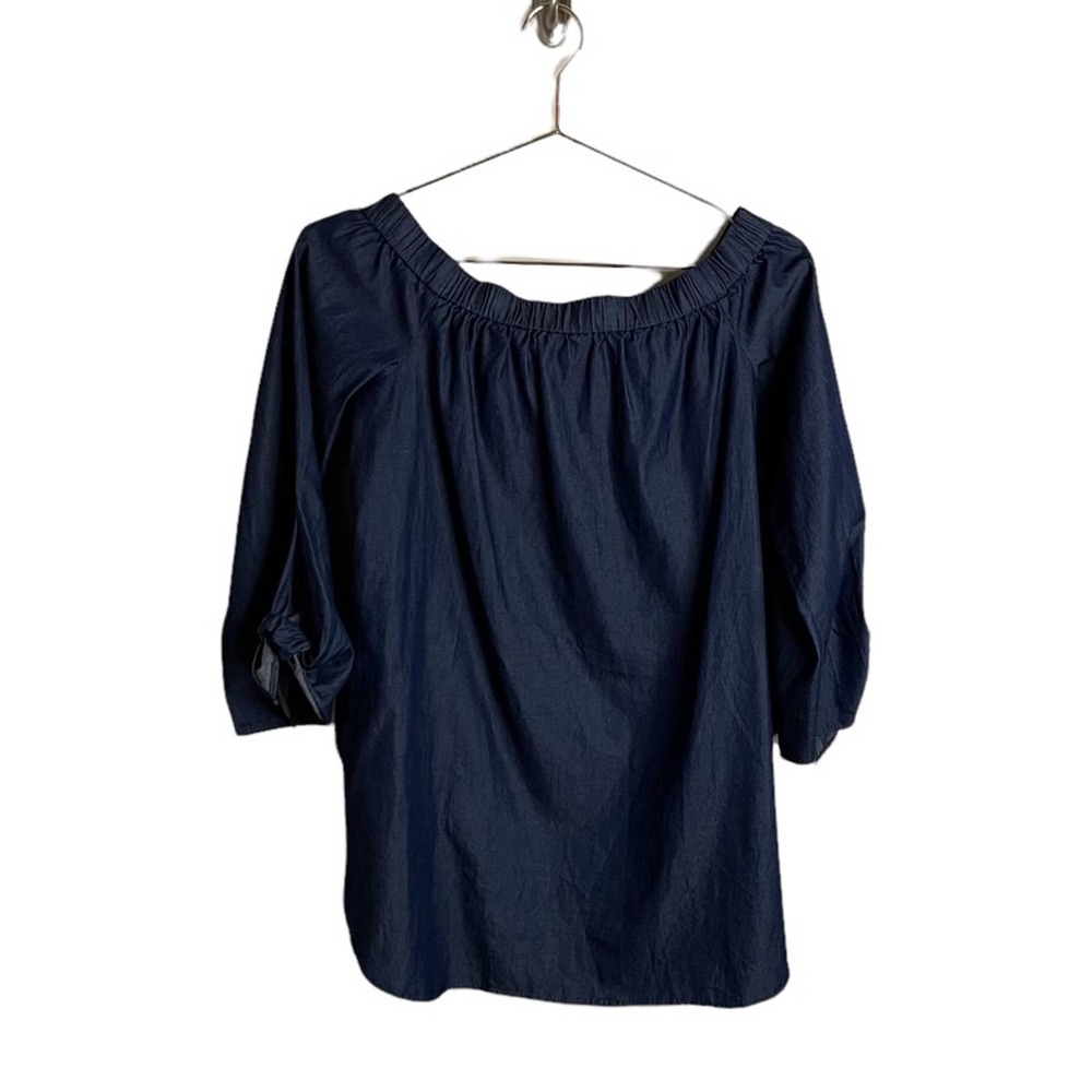 Tibi Off the‎ Shoulder Peasant Chambray Top Women's Size 0 Blue Tie Sleeve
